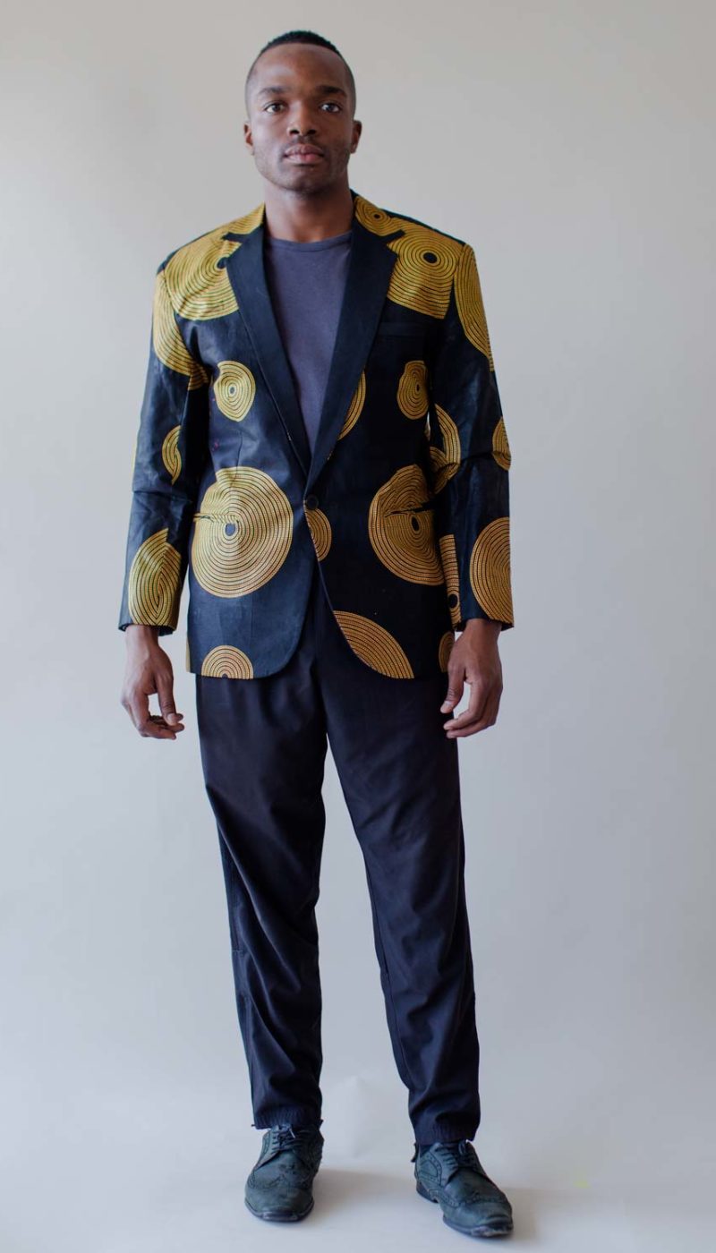 Slim Fit Blazer In Blue Gold Printed Fabric by Shangani Fashions