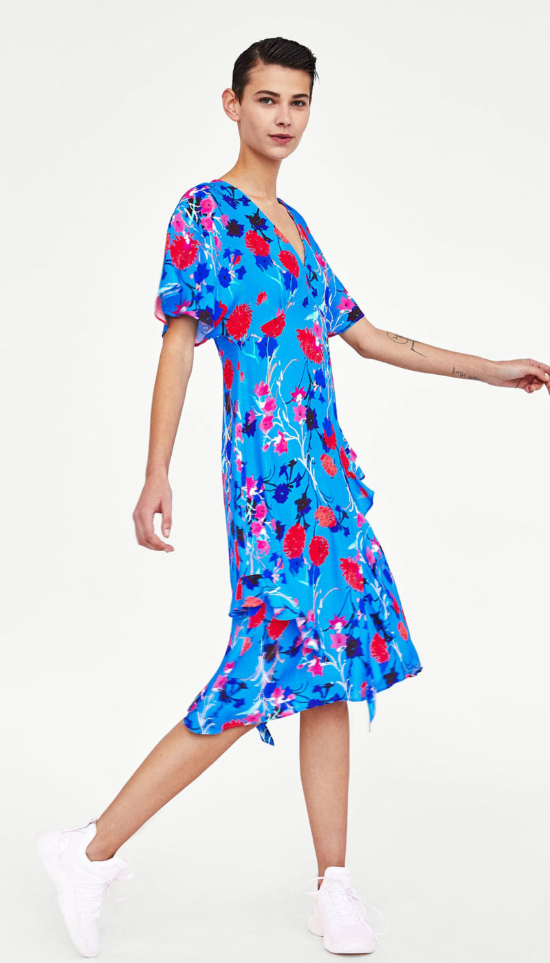 Adiree Curated : Electric Blue Patterned Ruffle Midi Dress Made In Morocco
